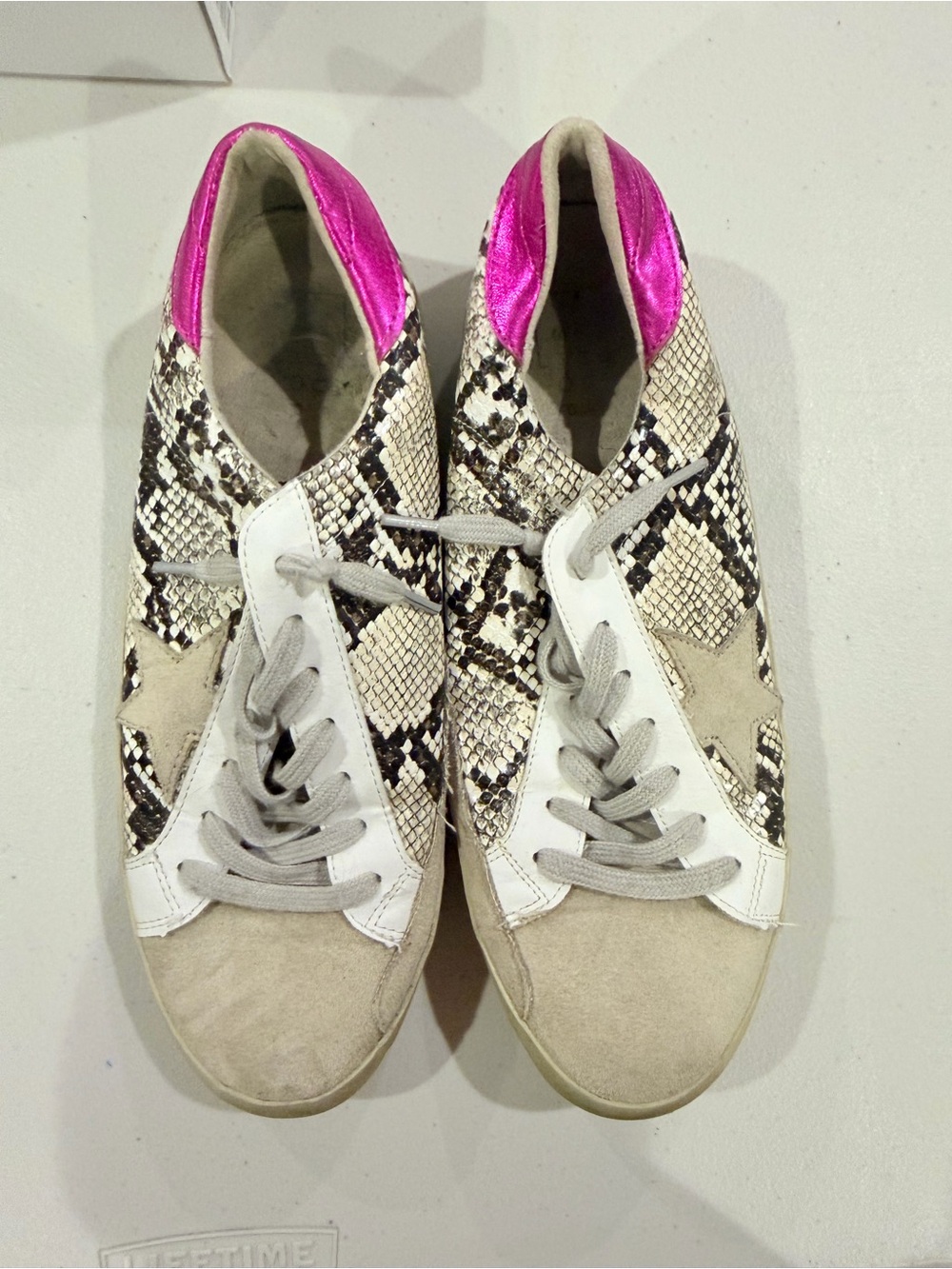 ShuShop Snake-Print Sneakers with Pink Heel